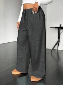 SHEIN EZwear 深灰色加大码休闲抽绳腰宽松直筒裤 - 深灰色 - 查看 5