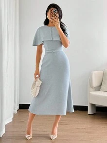 Feyla 女士优雅通勤纯色系带中长连衣裙 - 霧霾藍 - 查看 1