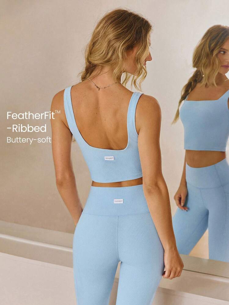 FeatherFit™ Ribbed Flex Soft Square Neck Sports Bra Low Impact Yoga Pilates Studio Daily Casual Wear Removable Cups  Spring Summer