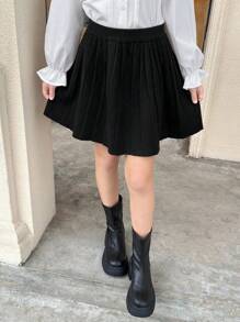 SHEIN 青少年女孩休闲纯色褶皱针织裙，开学季，秋冬 - 黑色 - 查看 5