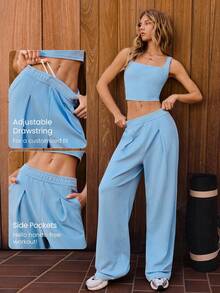 GLOWMODE Modal Ribbed Wide-Leg Built-In Adjustable Drawstring Waist Active Pants With Side Pockets Daily Casual Wear  Spring Summer - Baby Blue - View 3