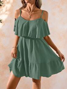 Amorya Vestido Camisole Elegante e Romântico Feminino de Tecido de Chiffon Texturizado Verde Sólido com Ombros à Mostra e Bainha Franzida, Primavera/Verão Férias
