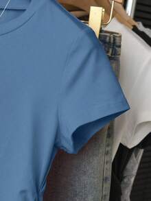 INAWLY 女士褶皱肩短袖T恤，修身剪裁，时尚百搭，春夏秋季新品 - 水鴨藍 - 查看 3