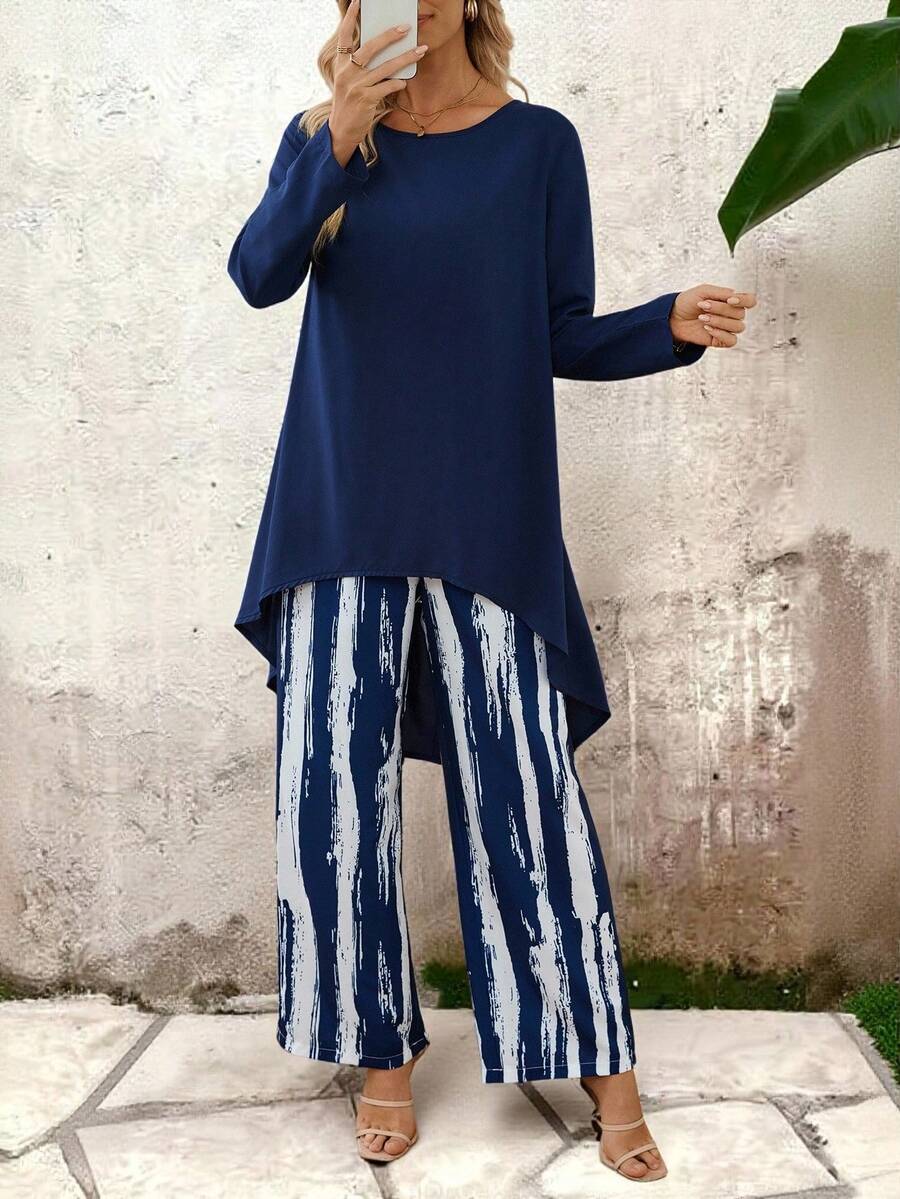 EMERY ROSE 2件套女式休闲前短后长上衣和印花裤套装