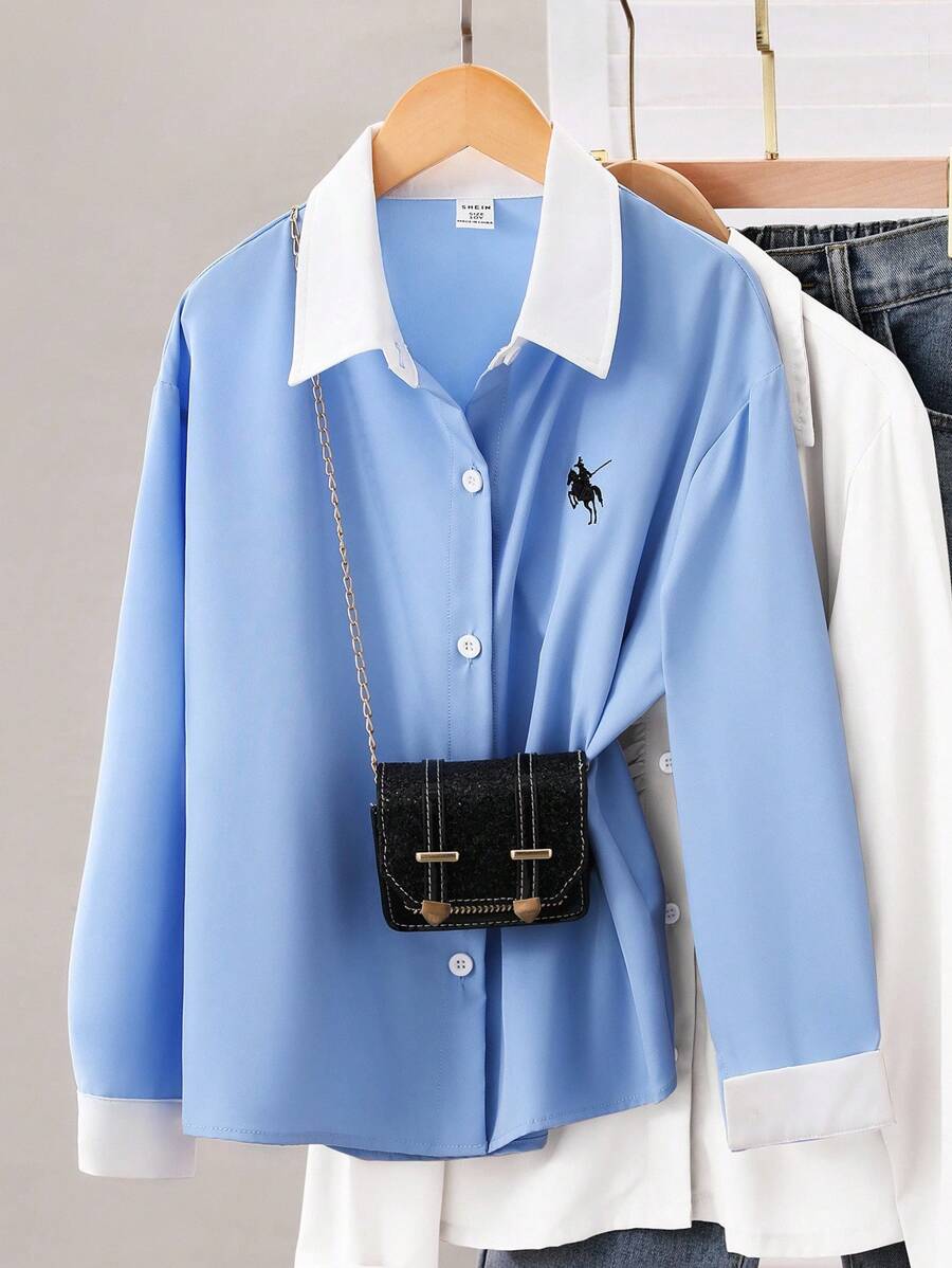 1 件女童翻领长袖纽扣条纹衬衫，正面绣有图案，秋季休闲衬衫 - 彩色 - 查看 1