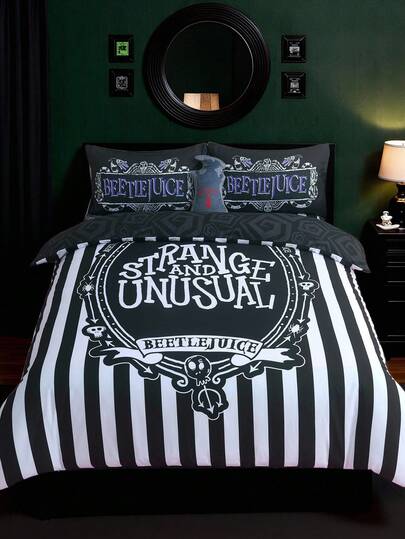 Beetlejuice X SHEIN 3pcs Striped Print Duvet Cover Set, Brushed Material, Soft & Warm, Multiple Sizes Fit Twin/Full/Queen/King Bed, Goth