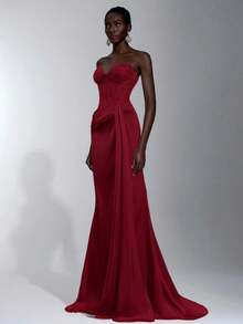 Elitara Áo corset satin phối ren thanh lịch với phần ngực xuyên thấu, eo xếp ly, bèo nhún xếp tầng và gấu áo đuôi cá, thích hợp cho kỳ nghỉ, hẹn hò, tiệc sinh nhật, đám cưới, lễ tốt nghiệp, dạ hội trang trọng, ngày Valentine. - Đỏ - Xem 4