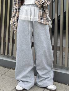 FRIFUL Women's Gray Solid Color Waist Drawstring Patchwork Polka Dot Mesh Flared Loose Casual Straight Pants, Suitable For Airport Travel, Autumn - Grey - View 3