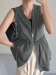 FRIFUL 女式 V 领无袖拉链拼接荷叶边下摆休闲宽松百搭背心 - 深灰色 - 查看 4