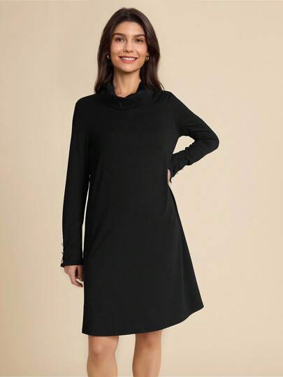 SHEIN LUNE Vestido casual corto de manga larga y color liso, de estilo minimalista, para uso diario, vestido primaveral de color negro