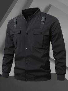 Manfinity Homme Áo khoác bóng chày tay dài màu trơn có túi tiện dụng cho nam, áo gió dã ngoại thường ngày, áo khoác bóng chày màu đen, áo khoác dạo phố, áo khoác Teachwear, mùa thu - màu đen - Xem 3