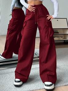 SHEIN EZwear 女士休闲纯色高腰阔腿裤 - 酒紅色 - 查看 6