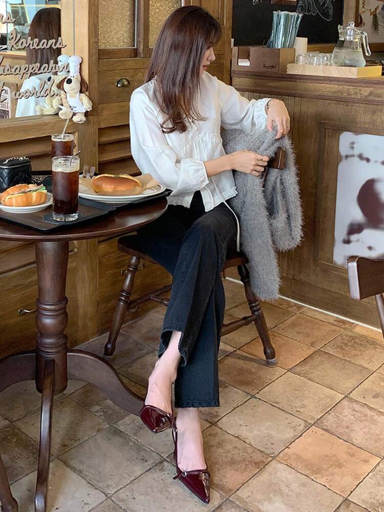 Women's Solid Color Frill Trim V-Neck Lantern Sleeve White Blouse, Spring/Autumn Long Sleeve Top