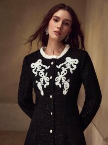 MOTF PREMIUM 粗花呢亮片仿珍珠刺绣细节撞色荷叶边短裙