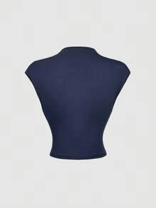 SHEIN MOD Light Yellow 2 Pieces Set: Stand Collar Top & Fitted Skirt - Navy Blue - View 3