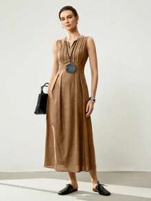 Uhlyne Váy suông vải lanh dệt không tay thanh lịch cổ chữ V, sọc hai túi màu trơn ôm vừa vặn dành cho nữ - Cà phê - Xem 3