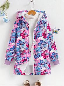 少女休闲蝴蝶印花保暖连帽衫，秋冬季 - 紫色 - 查看 1