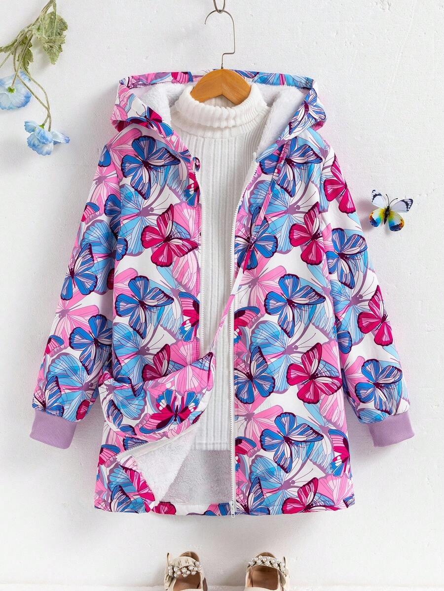 少女休闲蝴蝶印花保暖连帽衫，秋冬季 - 紫色 - 查看 1