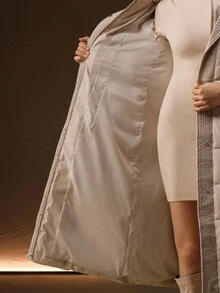 Anewsta 女士优雅束腰中长款蓬松可拆卸人造毛领绗缝拉链夹棉大衣，杏色 - 杏色 - 查看 11