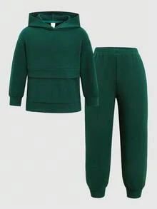 SHEIN 年轻女孩宽松休闲舒适连帽套头衫和裤子套装 - 綠色 - 查看 2