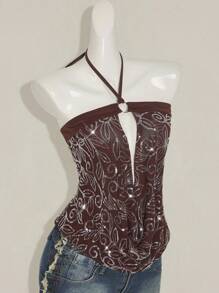 SHEIN ICON 女式亮片垂坠领上衣，复古 Y2K 风格性感透视网眼露背亮片衬衫，修身版型 - 棕色 - 查看 7