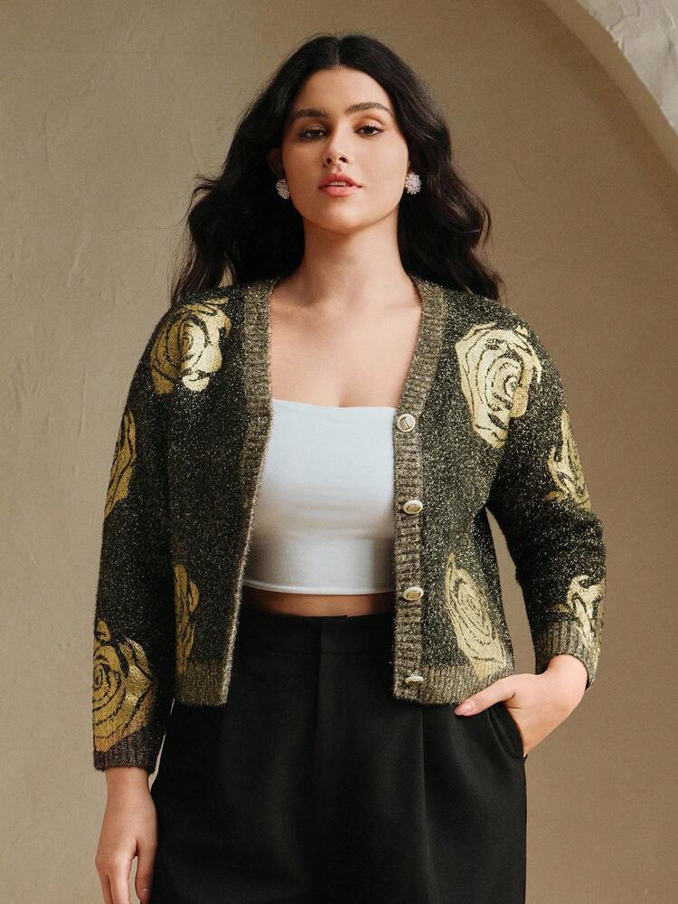 Cárdigan de suéter con bordado floral vintage de talla grande