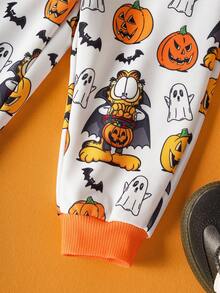 GARFIELD | SHEIN 2pcs Baby Boy Halloween Pumpkin, Ghost & Bat Graphic Crew Neck Long Sleeve Sweatshirt And Pants Knit Loose Fit Set