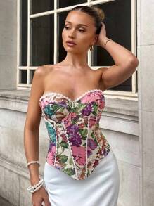 Glamine Charm 性感浪漫提花拼布花卉装饰钢圈抹胸女式上衣 - 彩色 - 查看 5