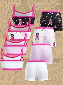 Astro Boy X SHEIN 8pcs Young Girl Cartoon Figure Graphic Camisole Bra And Boyshorts Panty Set, Cute Underwear Set, Girls Tank Top Sets, Girls Boxers Set - Pink - View 2