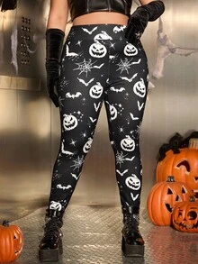 SHEIN EZwear 大码女式万圣节南瓜和蝙蝠图案高腰紧身裤 - 黑與白 - 查看 1