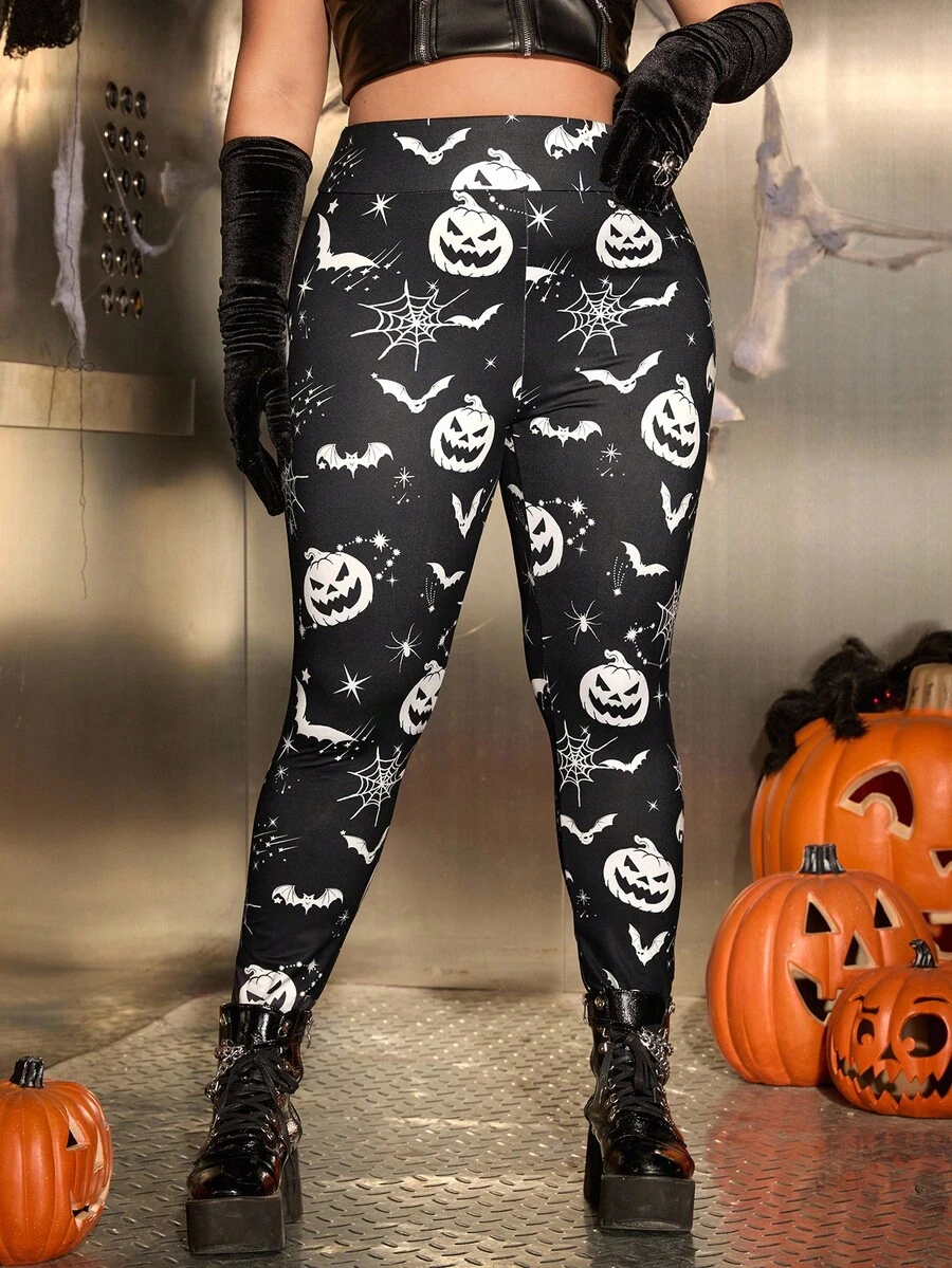 SHEIN EZwear 大码女式万圣节南瓜和蝙蝠图案高腰紧身裤 - 黑與白 - 查看 1