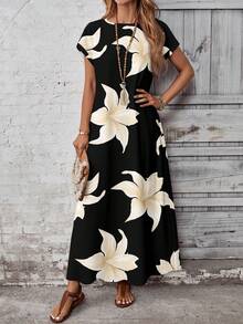 EMERY ROSE 休闲简约黑百合花卉图案女士连衣裙，适合春夏和秋冬 - 彩色 - 查看 3