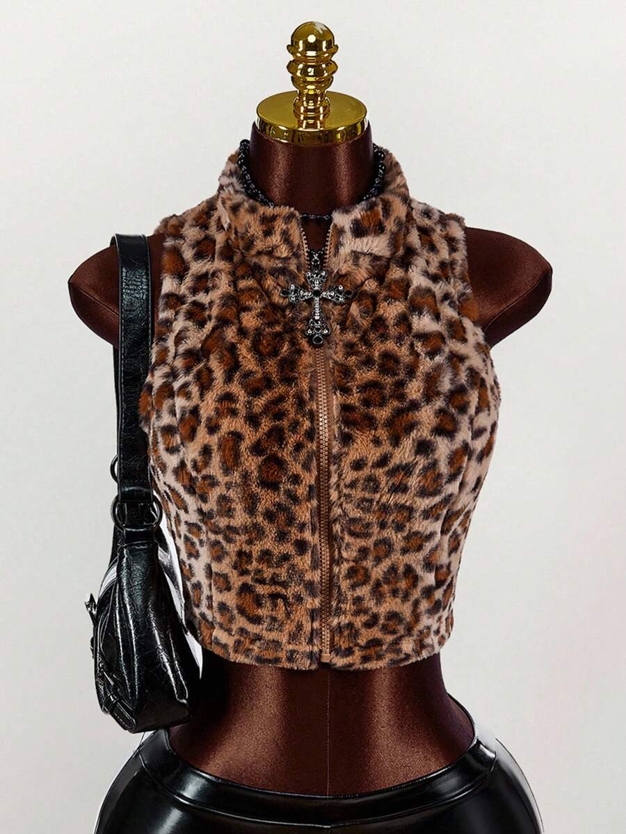 Amplova Women's Leopard Print Fleece Zip-Up Sleeveless Jacket, Autumn/Winter