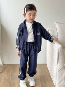 Genkimix Kids 2件套 女童春秋新款风衣套装 面料蝴蝶结刺绣 休闲时尚蝴蝶结丝带装饰 高领拉链上衣和裤子 可爱甜美秋冬装 - 藏蓝色 - 查看 5