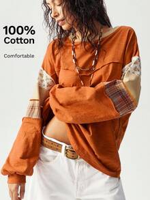 Bohemela Áo thun tay dài họa tiết chắp vá màu cam cỡ lớn, áo thu cho nữ - Màu vàng - Xem 1
