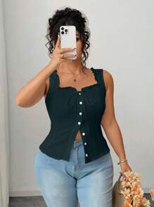 SHEIN Clasi Top casual de culoare solidă cu nasturi în față, mărime plus, topuri de vară pentru femei, topuri cu corset pentru femei, topuri de vară, topuri curbate, topuri la modă - Verde - Vizualizare 5