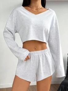 SHEIN PETITE Women's Casual Solid Color Cropped Top And Shorts 2 Pieces Set