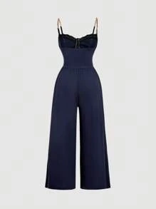 SHEIN MOD 黑色金属链带蕾丝拼接紧身胸衣加大码女式连体裤 - 藏蓝色 - 查看 2