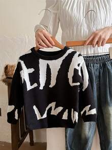 SHEIN 年轻男孩休闲舒适百搭可爱毛衣，厚针织适合秋冬季 - 黑與白 - 查看 5