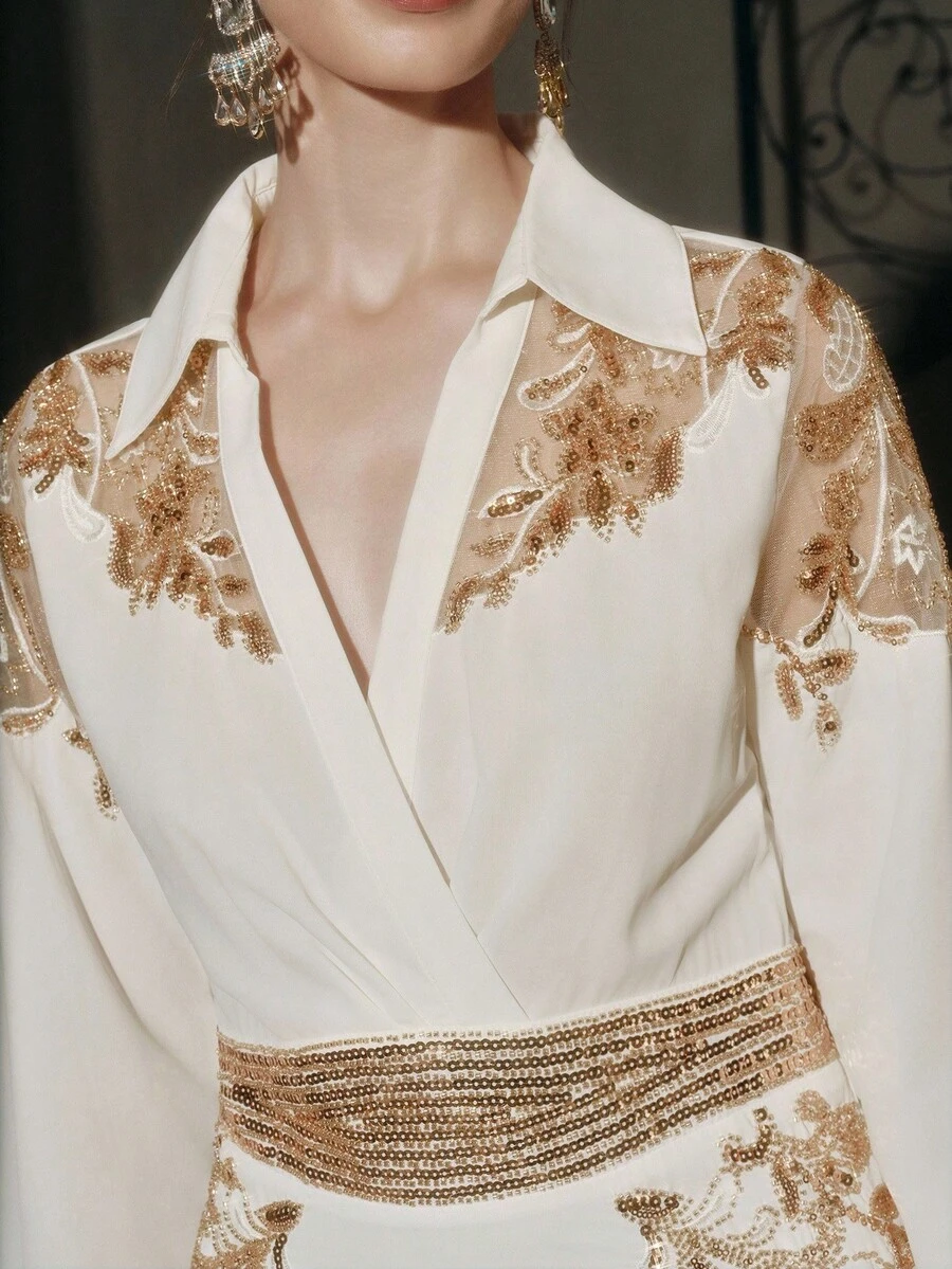 Anewsta 女士串珠衬衫裙，优雅高端奢华感，流行款式 - 白色 - 查看 1