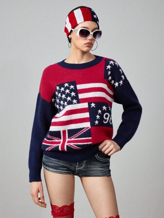 ROMWE Avant Women's 90s Y2K 2000s Retro American Core Aesthetic Vintage Independent Western Boho Style British Flag Multicolor Pullover Knit