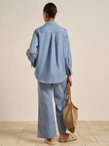 Airaco Bộ đồ 2 món đơn sắc tay dài, túi hộp một hàng khuy dành cho nữ - Màu xanh lam - Xem 2