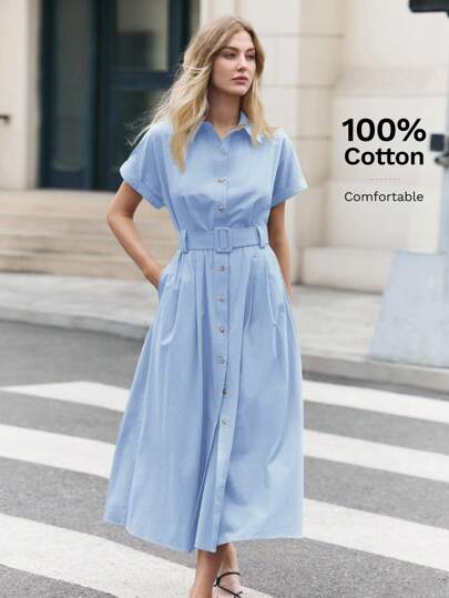 BizChic Blue Collared Button-Front Shirt Dress, Modern Elegant Urban Commute Everyday Romantic 90s Retro, Suitable For Christmas, New Year, Valentine's Day Party, Beach, Graduation, Fashion, Celebration, Holiday, Wedding Guest, Brunch, Airport, Versatile