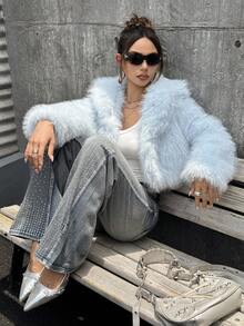 SHEIN ICON 秋冬女士夸张派对浅蓝色仿皮草大衣 - 淺藍色 - 查看 3