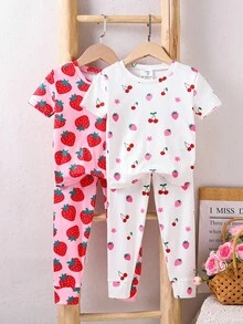 SHEIN 4 件套少女草莓图案针织柔软圆领短袖上衣和松紧腰紧身裤睡衣套装 - 彩色 - 查看 9