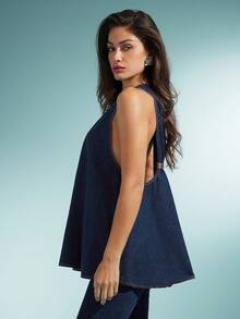 Denimoi 金属配件细节梯形露背 V 领无袖牛仔上衣 - 深色水洗藍 - 查看 3