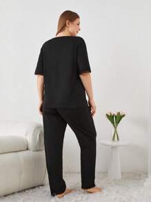 RueChic Cotton Scalloped Lace Hem Sleepwear Set - Black - View 2