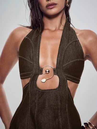 Denimoi Cut Out Halter Neck O-Ring Detail Denim Mini Dress