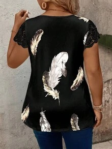 SHEIN LUNE Women's Plus Size V-Neck Patchwork Sleeve Feather Element Casual T-Shirt, Versatile For Spring/Summer