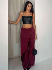 Glamine Burgundy Pocket Spliced Suit Pants,Summer Chic Night Out Long Pants,Urban Office Edit,Elegant Versatile Commute Essential,Retro Minimalist Modern Look - Red - View 6